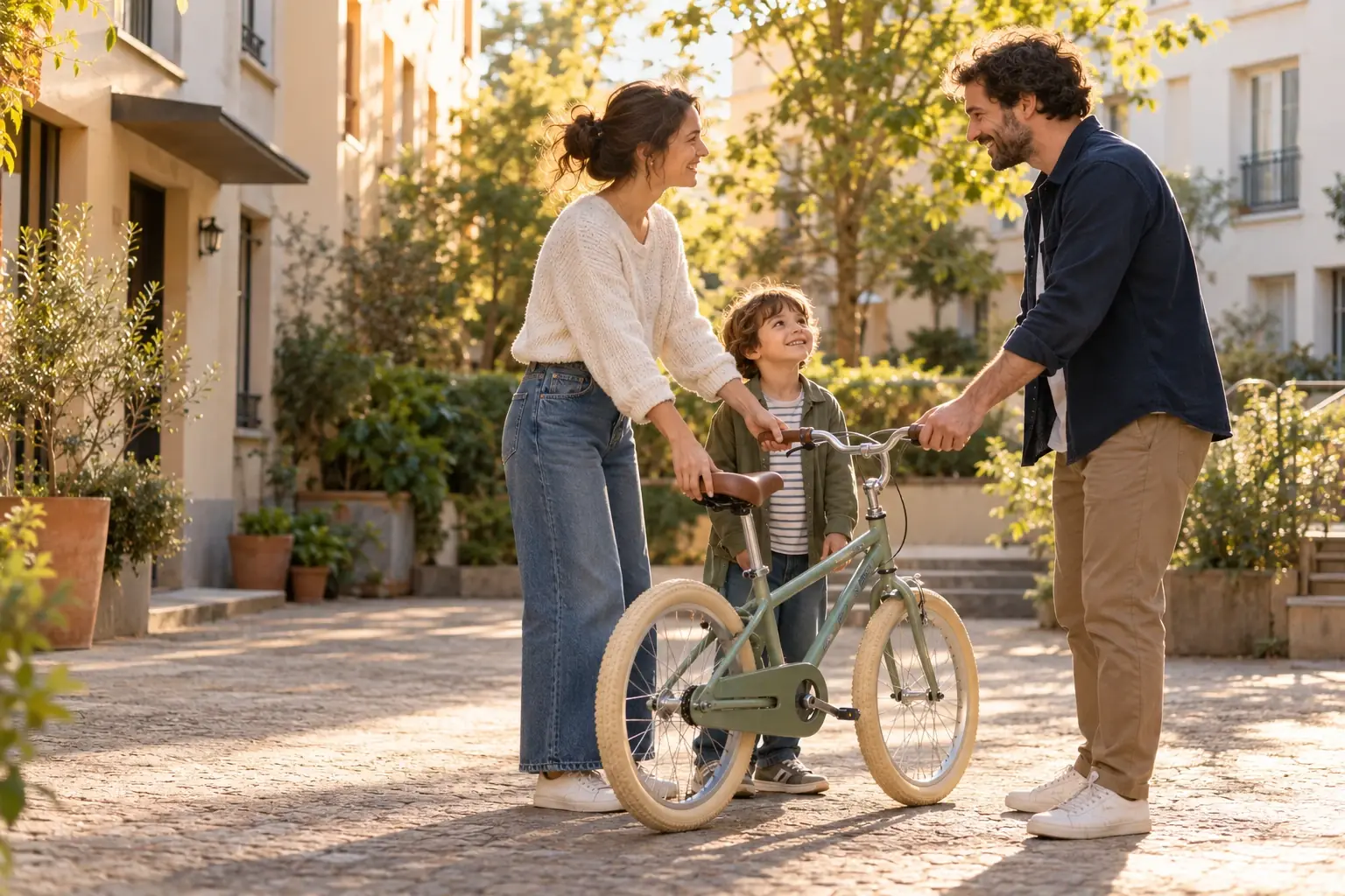 Dans la cour d’une résidence, une voisine tend un vélo d’enfant à un voisin, sous le regard d’un petit garçon.