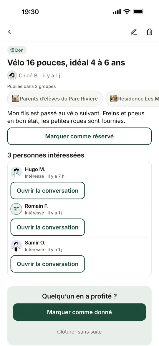 Annonce Coloopy « Vélo 16 pouces, idéal 4 à 6 ans » publiée dans deux groupes, avec trois personnes intéressées et le bouton « Marquer comme donné »