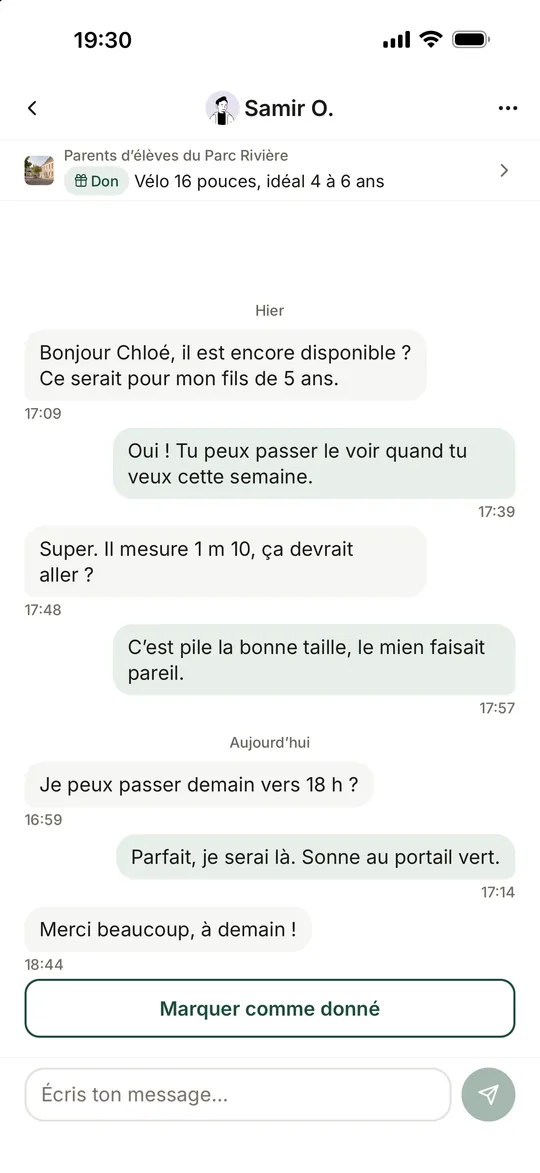 Conversation Coloopy entre deux membres à propos d’un objet donné : ils conviennent d’un rendez-vous le lendemain