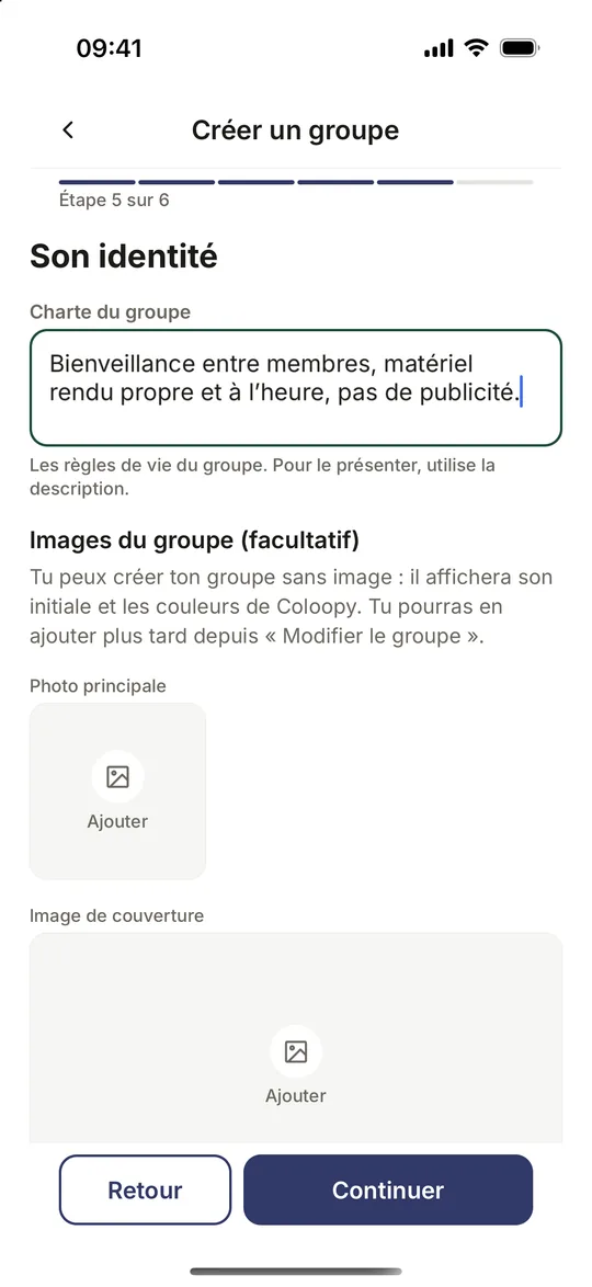 Étape 5 de la création d’un groupe dans Coloopy : la charte du groupe en une ligne, et les images du groupe, facultatives