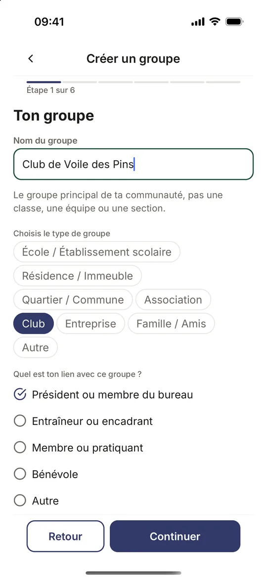 Étape 1 de la création d’un groupe dans Coloopy : le nom « Club de Voile des Pins », le type Club et le lien « Président ou membre du bureau »