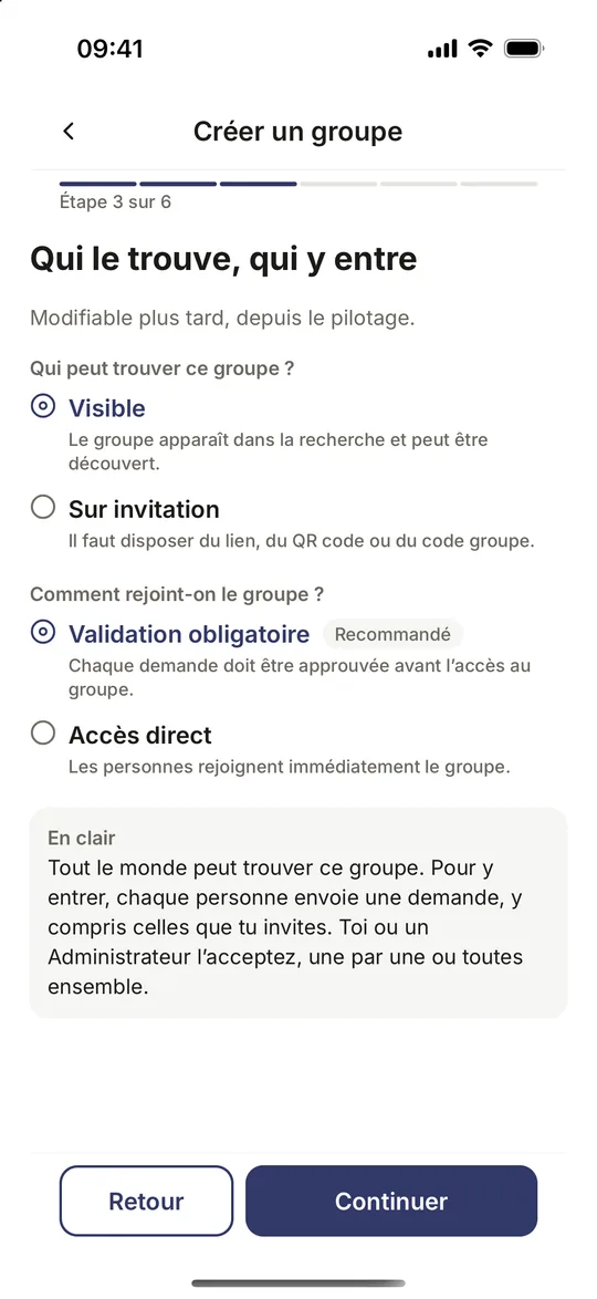 Étape 3 de la création d’un groupe dans Coloopy : qui trouve le groupe (Visible ou Sur invitation) et comment on le rejoint (Validation obligatoire ou Accès direct)