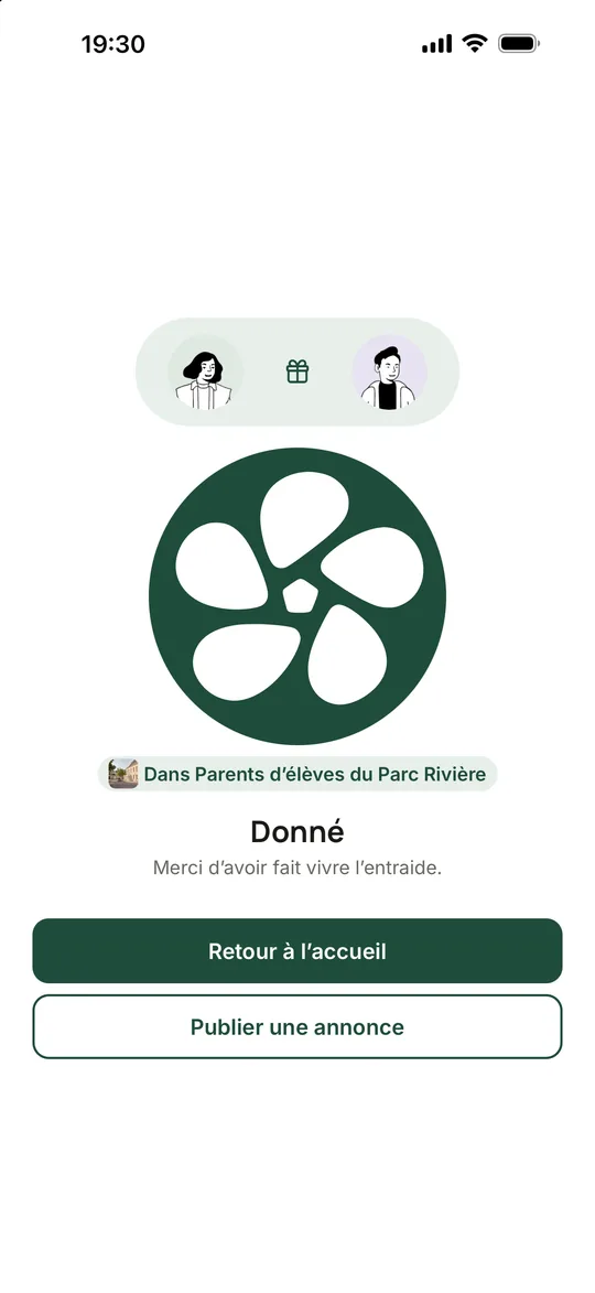 Écran de fin d’échange de Coloopy : les deux membres de part et d’autre d’un cadeau, et le mot « Donné », dans le groupe des parents d’élèves