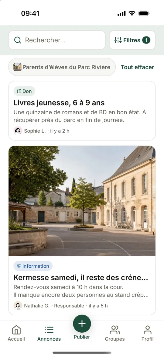 Fil du groupe Parents d’élèves du Parc Rivière dans Coloopy : des livres jeunesse donnés et une information de la Responsable sur la kermesse