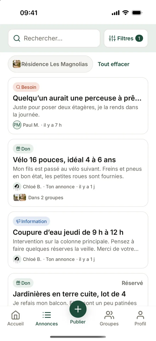 Fil du groupe Résidence Les Magnolias dans Coloopy : une perceuse demandée, un vélo d’enfant donné, une coupure d’eau annoncée et des jardinières réservées