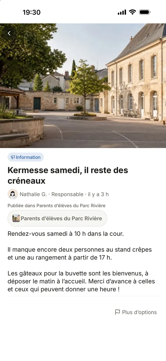 Information publiée par la Responsable d’un groupe de parents d’élèves dans Coloopy : « Kermesse samedi, il reste des créneaux »