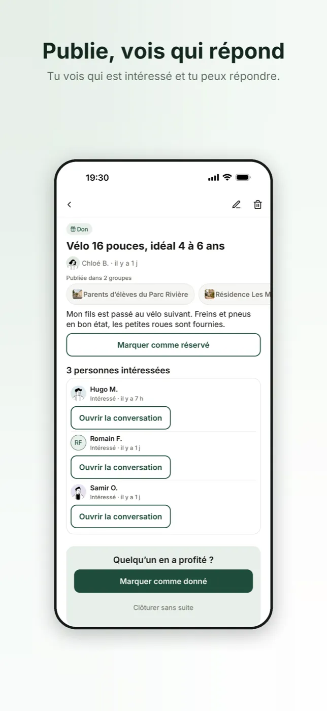 Annonce Coloopy publiée dans deux groupes, avec la liste des membres intéressés