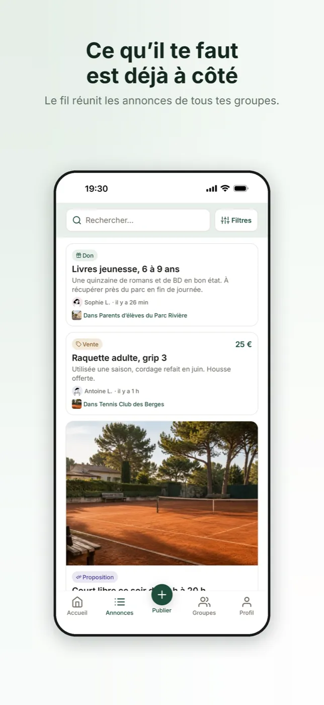 Fil des annonces de l’application Coloopy : ce que les membres d’un groupe donnent, prêtent ou cherchent