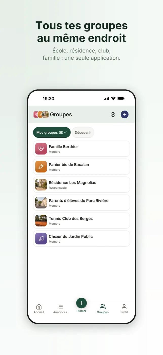 Liste des groupes Coloopy d’un membre : école, résidence, association et club