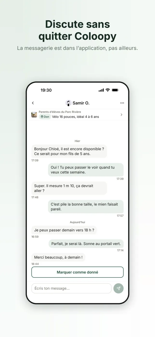 Conversation entre deux membres d’un groupe Coloopy à propos d’une annonce