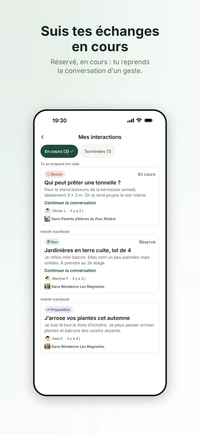 Suivi des échanges en cours et terminés dans l’application Coloopy