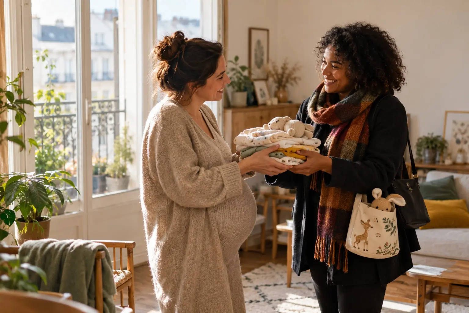 Dans un salon lumineux, une amie tend une pile de vêtements de naissance à une femme enceinte.