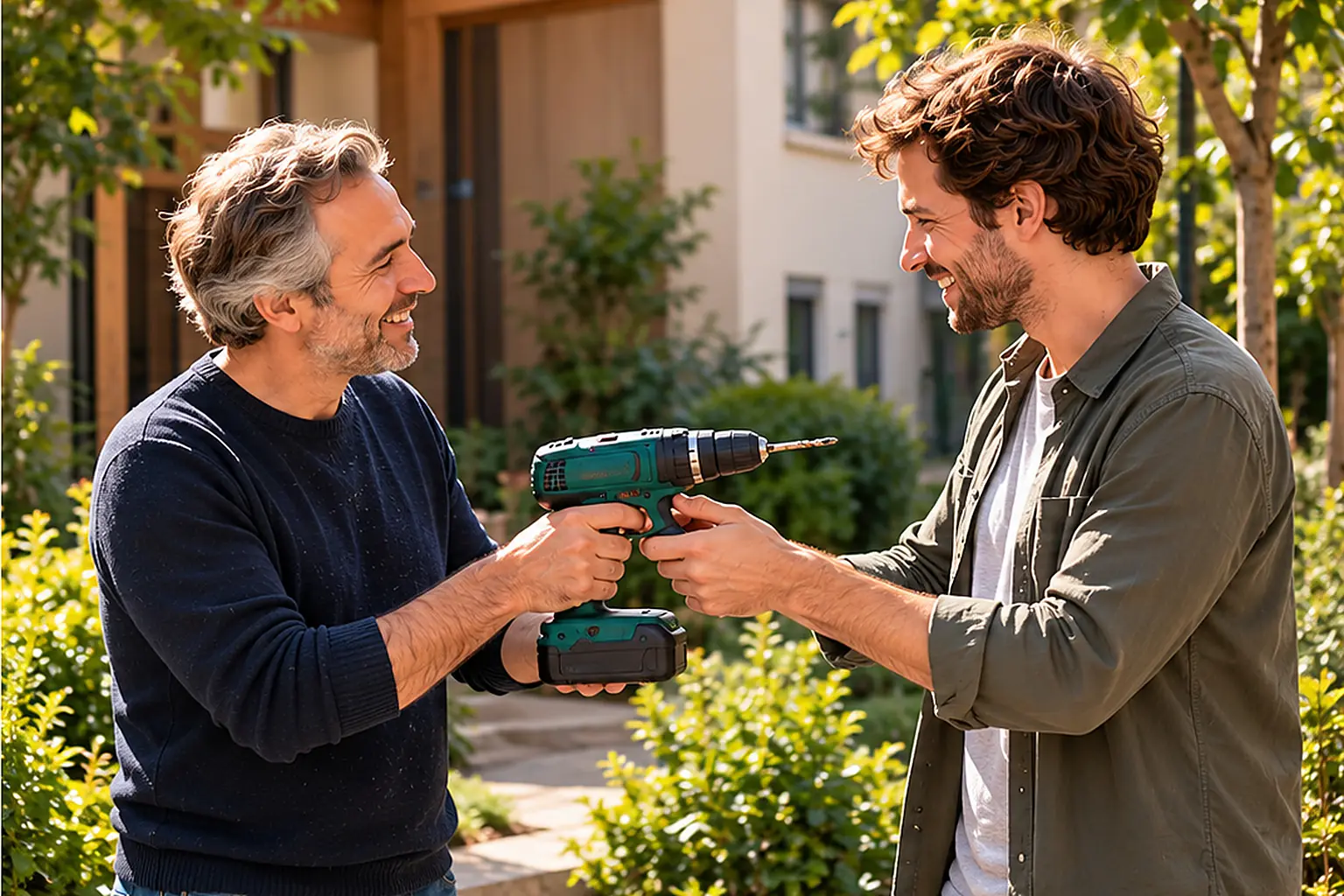 Dans le jardin d’une résidence, un voisin prête une perceuse à un autre voisin, qui la prend en souriant.